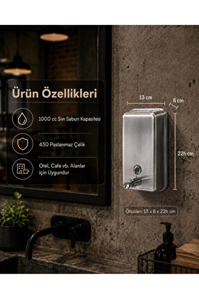 Alper Banyo 1000 cc Paslanmaz Çelik Sıvı Sabunluk Duvara Monte Otel Cafe Rest...