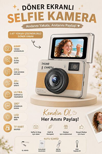 ROBEVE 68MP Dijital Fotoğraf Makinesi | 180° Döner Ekranlı Mini Selfie Kamera...