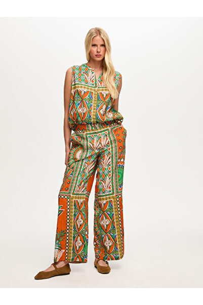 Faik Sönmez Resort Tropik Desen Wide Leg Fit Viskon Pantolon S26PNT037