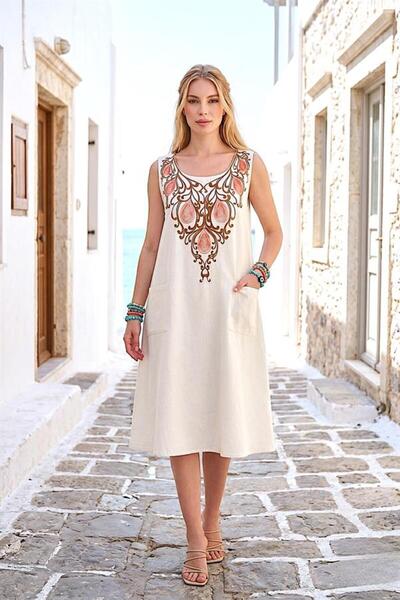 MODANI SEÇ Cream Color Ivy Embroidered Linen Dress