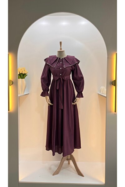 Nuesscollection Yaka Taşlı İnci Düğmeli Keten Elbise (bir beden büyük alınız,...
