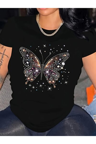 GALASHOP Altın Kelebek Baskılı Kısa Kollu Tişört