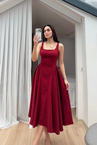 Sindimoda Belin Kare Yaka Sırt Dekolteli Midi Elbise 4968