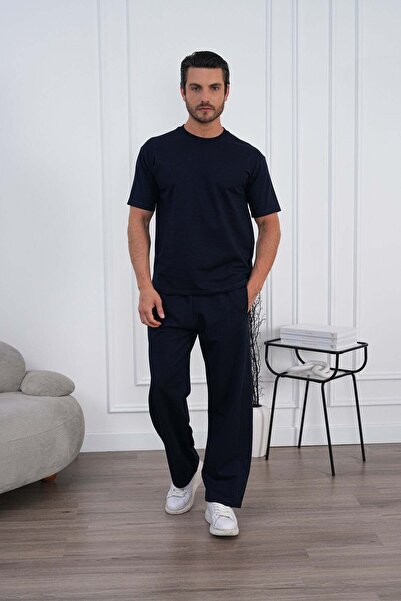 brz braazi Men's Summer Navy Blue Tracksuit Set Oversize T-Shirt Elastic Lace...