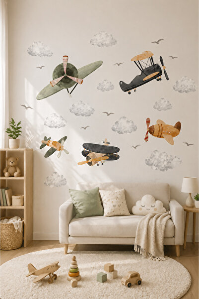 kutuTR Vintage Uçak Temalı Çocuk Odası Duvar Stickerı – 50x100 cm