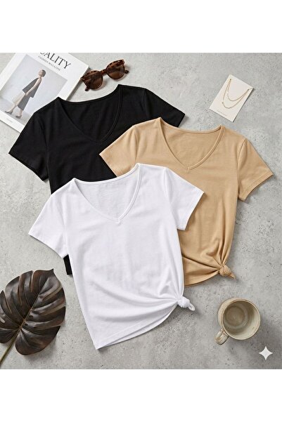 FAVORİST 3 Pieces of Plain Regular Fit (V-Neck) Women's T-Shirts