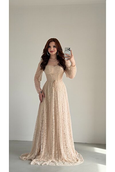 AYŞENUR DİNÇER Romance Dantelli Abiye krem