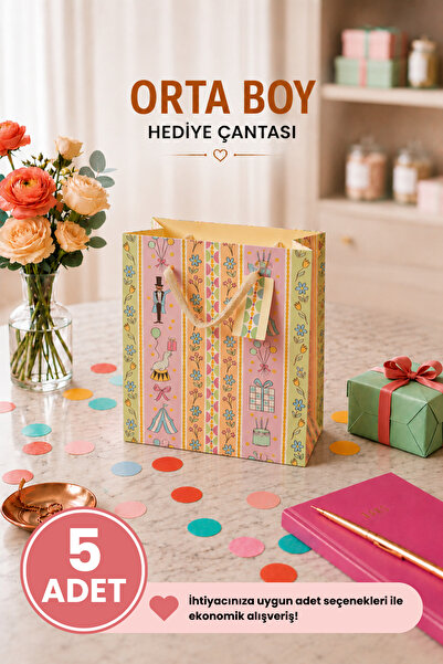 Daks 5 ADET (23 x 18 x 10 cm) - Pastel Parti Temalı Desenli Orta Boy Karton H...