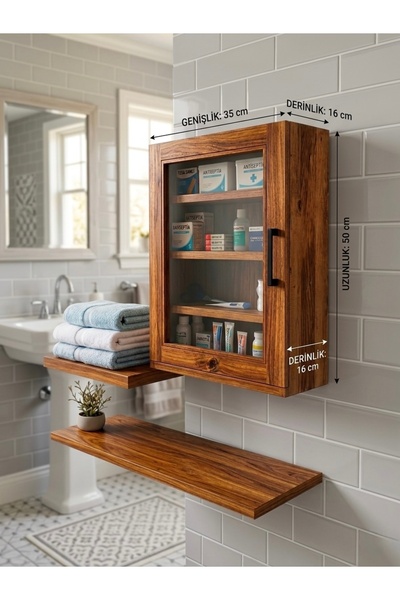 Zenba Design Ahşap Dekoratif Ecza Dolabı Çok Amaçlı Dolap Duvar Rafı