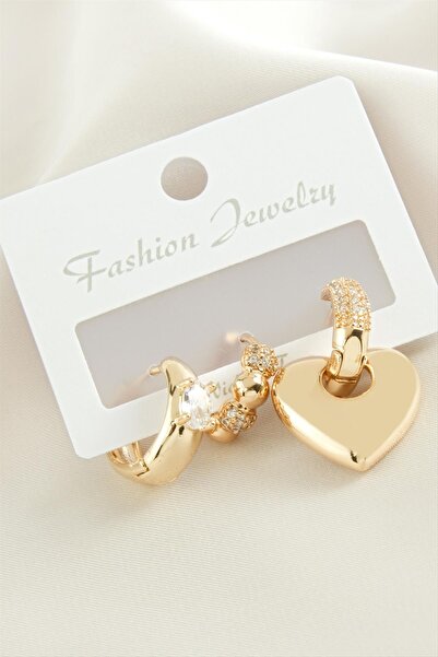 ZERO LAND Ilkeshop 3 Pieces Heart Zircon (03144) Stone Earrings-Yellow