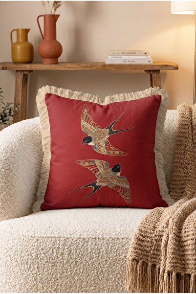 IdeCraft Vintage Swallow Pattern Fringed Throw Pillow Cover - Retro Bird Cove...