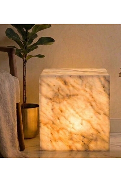 Marb & Home Doğal Mermer LED Işıklı Yan Sehpa 30x30 cm Küp