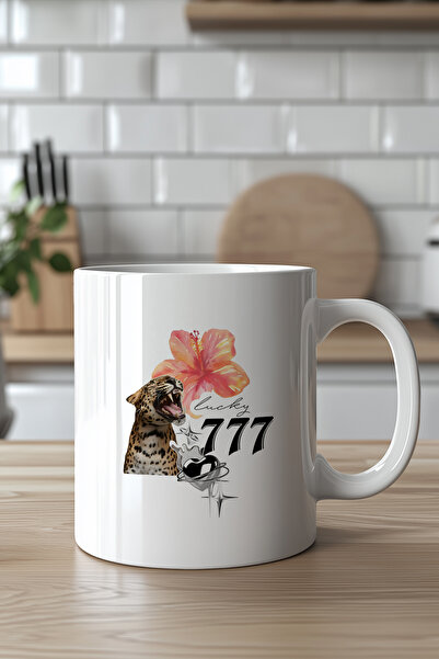 Mio Life Lucky 777 Tiger Patterned Luck Themed 330ml Printed White Ceramic Mu...