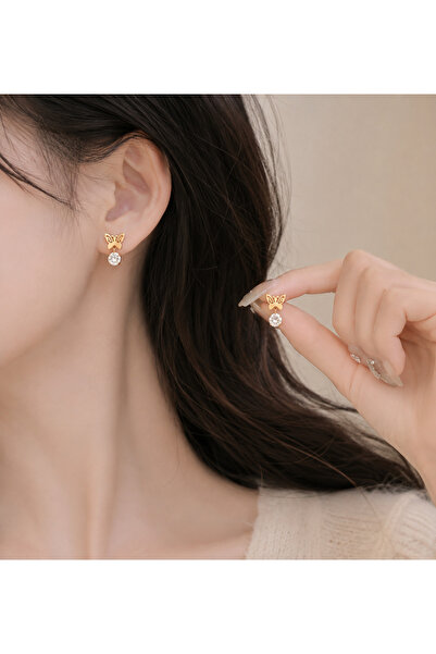 LUNIVRA Minimal Gold Earrings with Stainless Steel Butterfly and Stone Detail