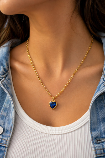 LuneraBag Blue Zircon Stone Heart Necklace – Gold Color Premium Chain Elegant...