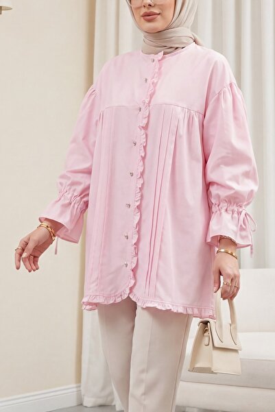 Modamorfo Ruffle Detailed Sleeve Lace-Up Stone Buttoned Cupra Tunic - Pink