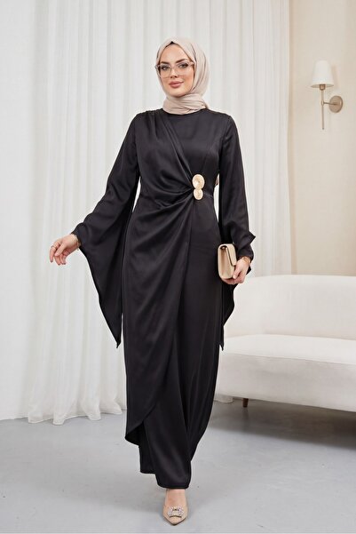 Modamorfo Buckle Detailed Double Layered Asymmetrical Sleeve Satin Evening Dr...