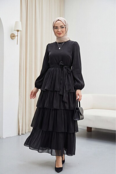 Modamorfo Elastic Sleeves, Tie-Waist Skirt, Layered Janjan Chiffon Dress - Black