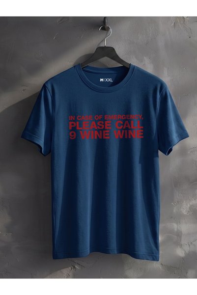 North Whiskers In Case of Emergency Please Call 9 Wine Wine Written Printed Navy Blue Unisex 100% Cotton T-Shirt