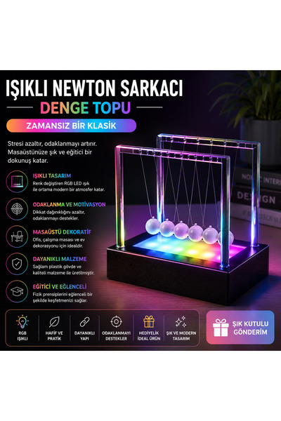1DepoBu Işıklı Newton Sarkacı Denge Topu RGB Led Dekoratif Masaüstü Ofis Akse...