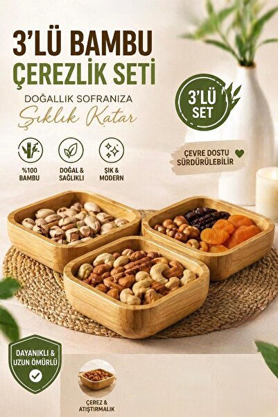 TUNAY 3'lü Doğal Bambu Çerezlik