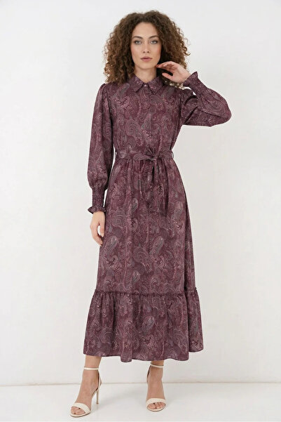 Efnaz style Women's Shirt Collar Belted Patterned Viscose Burgundy Hijab Dress