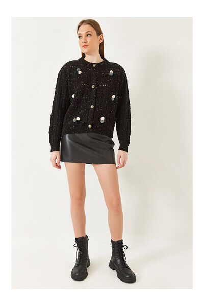 LC Waikiki Nevavm Women's Pompom Patterned Knitwear Cardigan with a Difference