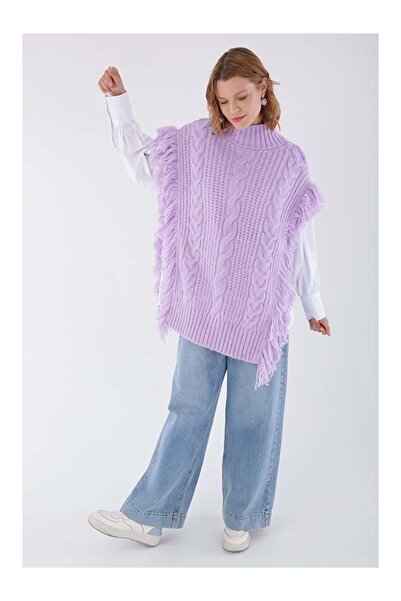 LC Waikiki Nevavm Lilac Fringed Knitwear Poncho with a Difference