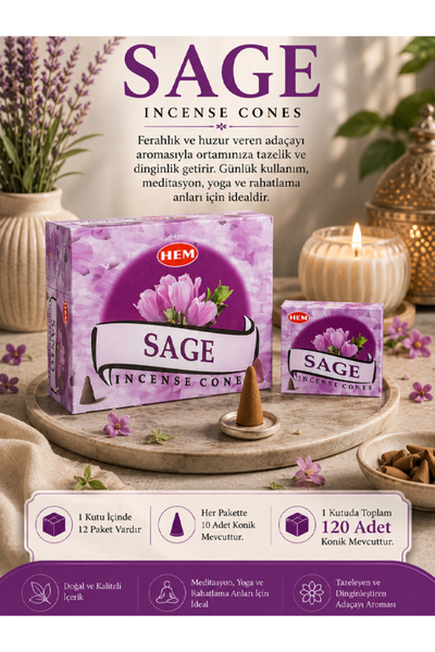 Hem Tütsü Sage Konik Tütsü 120 Adet – Adaçayı Aromalı Konik Tütsü
