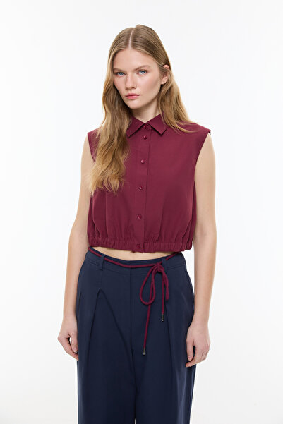Roman Beli Lastikli Poplin Crop Gömlek Bordo YY013528_008