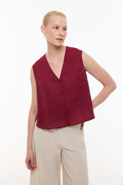 Roman Çift Cepli Keten Gömlek Bordo YY013506_008
