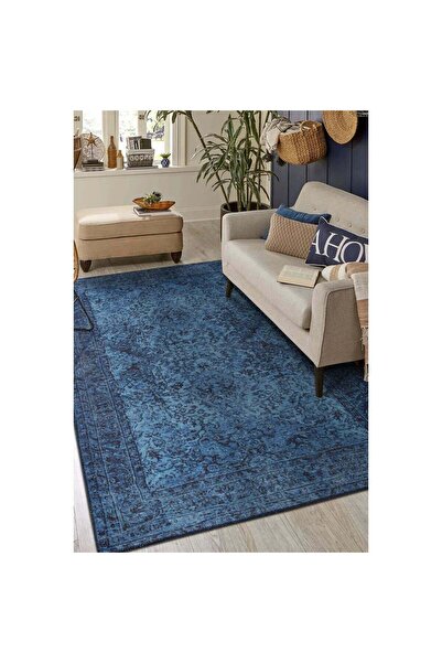 halinet Halı.Net Blue Ethnic Bohemian Washable Non-Slip Living Room Carpet Ar...