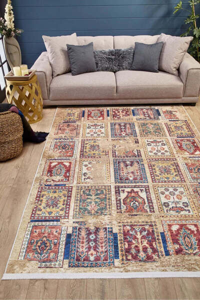 halinet Halı.Net Beige Classic Washable Non-Slip Living Room Carpet Haln-Hln1598