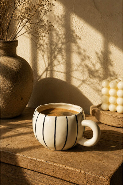 Anadolu Saray Ceramic Striped Coffee Cup Handmade Design Modern Latte and Coffee Cup