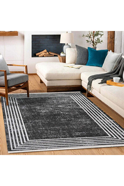 halinet Halı.Net Anthracite Modern Washable Non-Slip Living Room Carpet Cr-St...