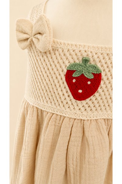 BENBİLGE Girl's Strawberry Embroidered Bow Strap Muslin Dress and Bag Set - Strawberry Dress