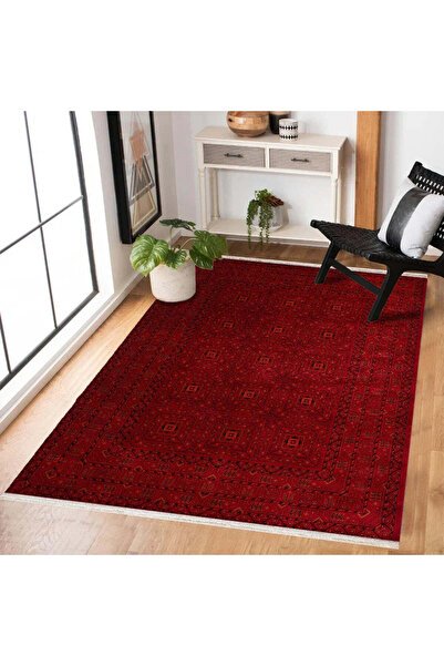 Bespoky Kırmızı Modern Geometrik Yıkanabilir Kaymaz Salon Halısı PC-Apx-Semer...