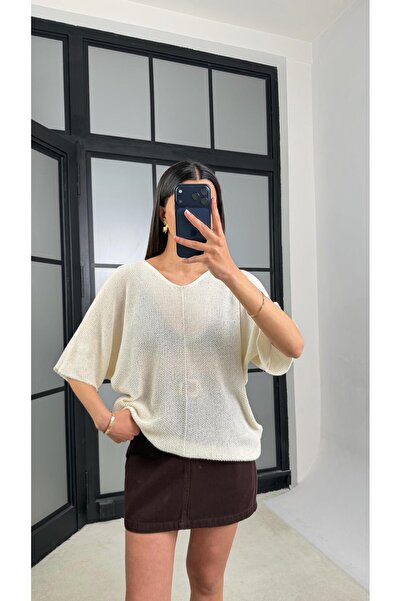GAUS CO Cream Bat Sleeve Openwork Knitwear Blouse Gaus-01443