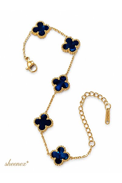 sheenez Gold-Lacivert Kadın Çelik Bileklik(yonca ebat 1CM)uzunluk 23cm