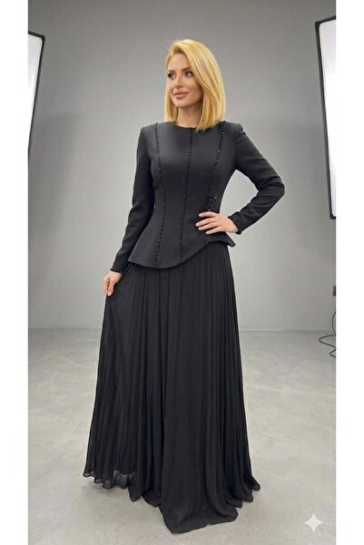 Kenzel Crepe Fabric Long Sleeved Evening Dress with Accessories