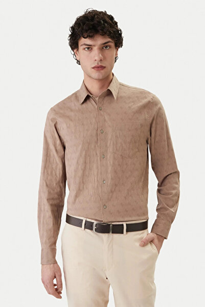 Guess Cămașă bej pentru bărbați, cu mâneci lungi, buzunare și jacquard M6GH18...