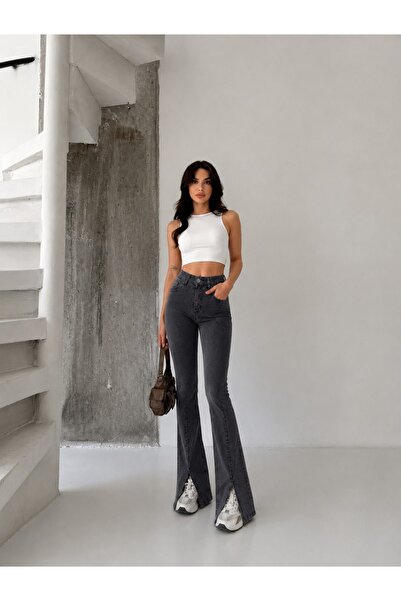 KENE JEANS KAR SİYAH ÖN BACAK PENS YIRTMAÇLI ESNEK İSPANYOL PAÇA PANTOLON