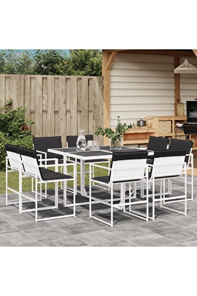 vidaxl Set mobilier de gradina, 9 piese, cu perne, alb, textilena