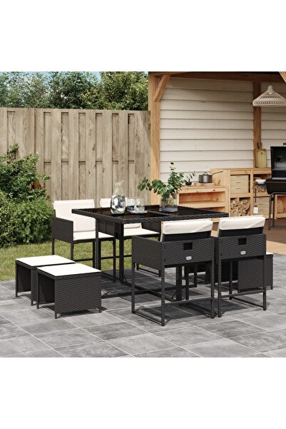 vidaxl Set mobilier de gradina cu perne, 9 piese, negru, poliratan