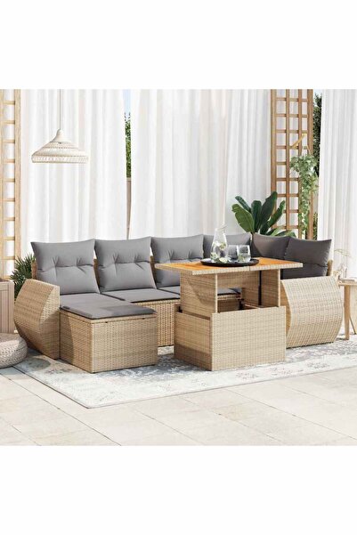 vidaxl Set canapele de gradina, 7 piese, cu perne, bej, poliratan