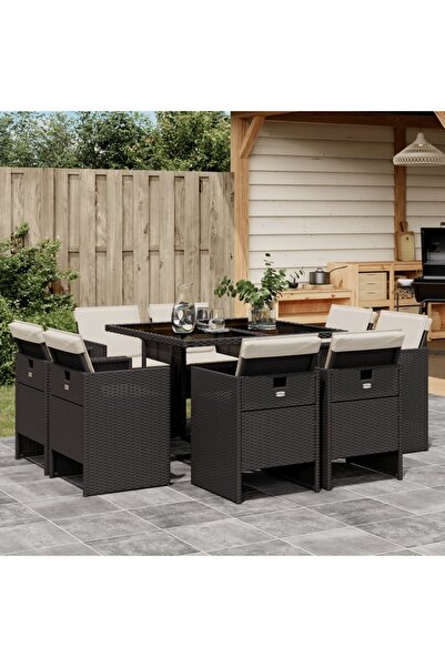 vidaxl Set mobilier de gradina cu perne, 9 piese, negru, poliratan