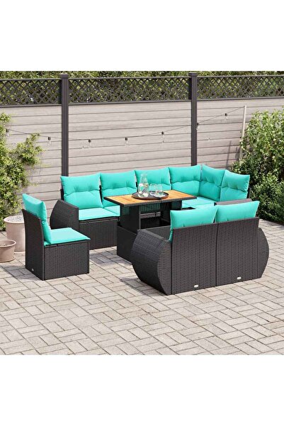 vidaxl Set mobilier de gradina cu perne, 9 piese, negru, poliratan