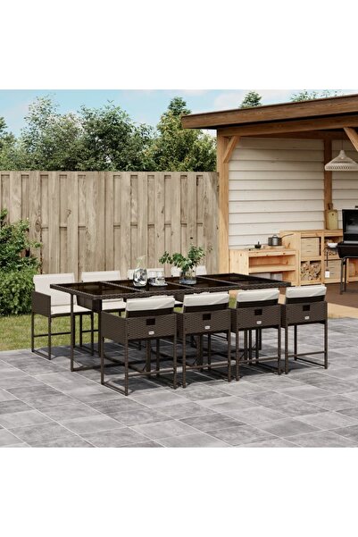 vidaxl Set mobilier de gradina cu perne, 9 piese, maro, poliratan
