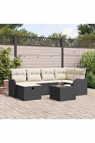 vidaxl Set de canapele pentru gradina cu perna 7 pcs Negru Rattan poli