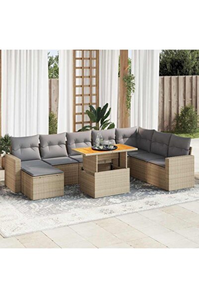 vidaxl Set canapele de gradina, 9 piese, cu perne, bej, poliratan